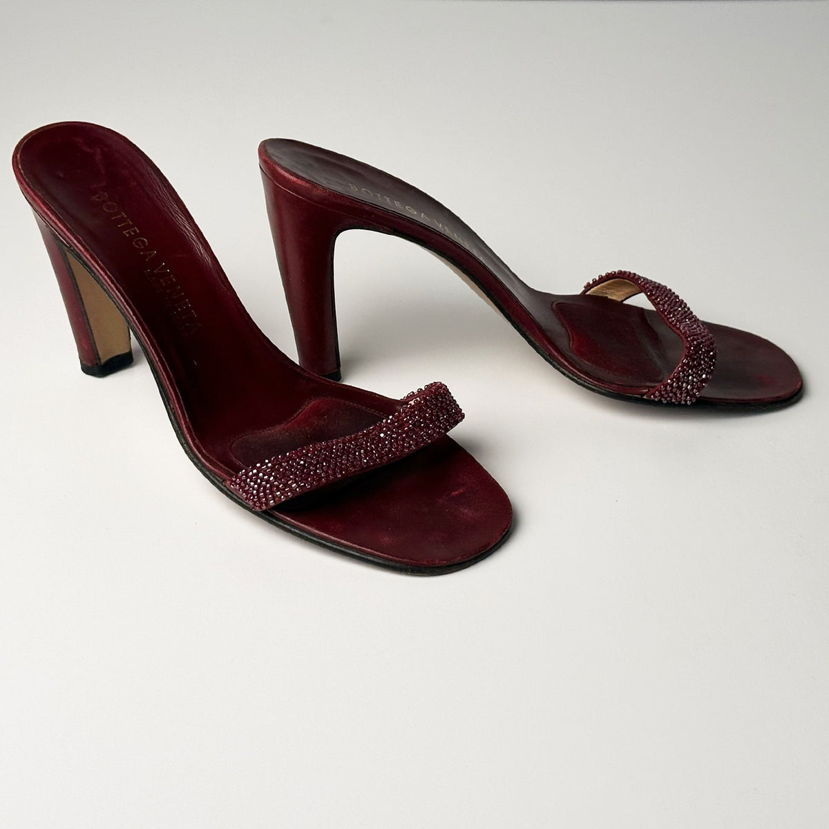 Bottega Veneta 1990s Burgundy Leather Crystal Mules Size 7.5B