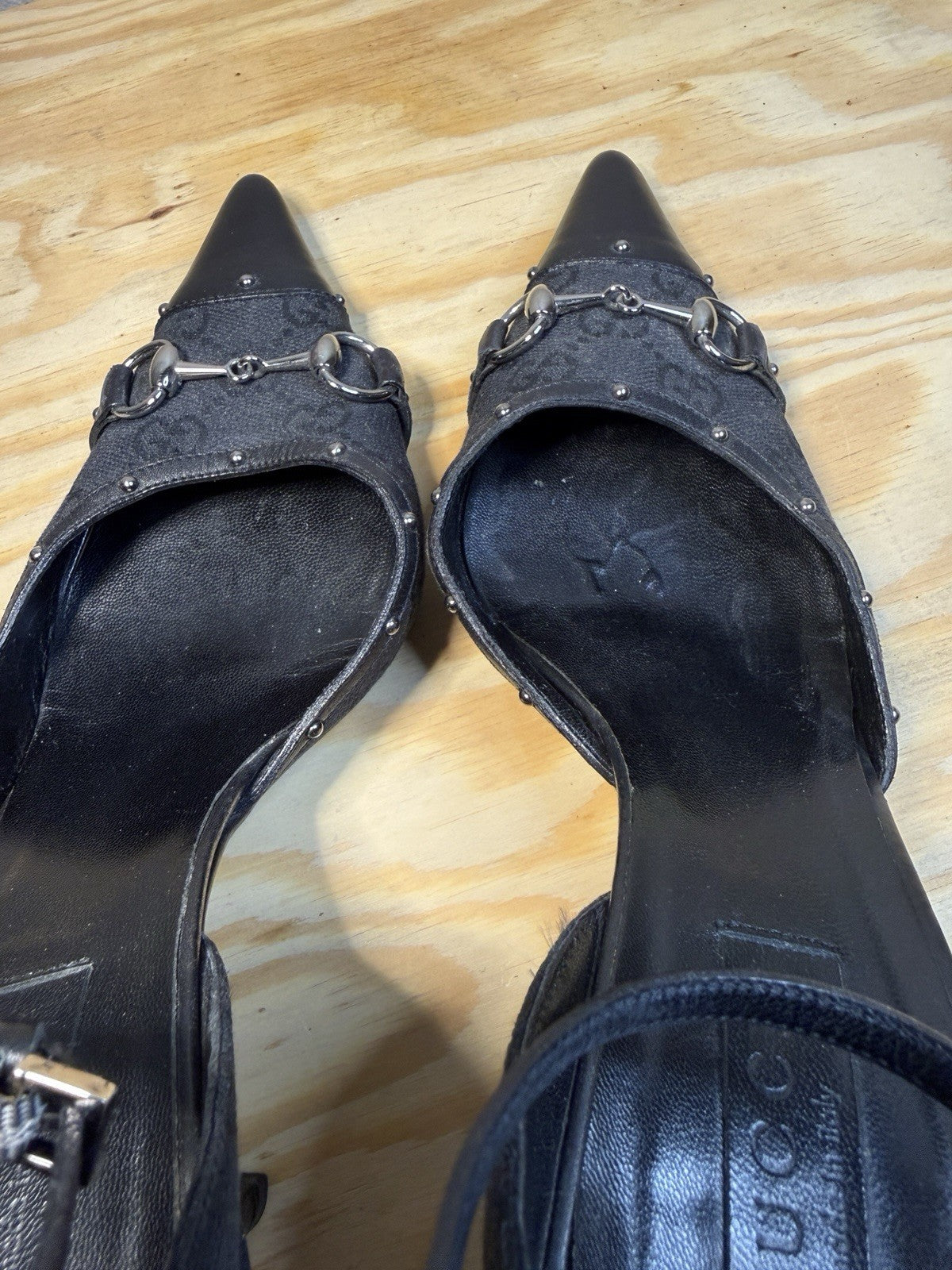 Gucci Vintage GG Canvas Horsebit Ankle Strap Pumps Black US 7B
