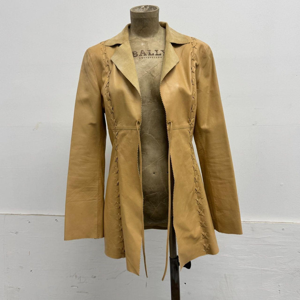Bebe Y2K Genuine Leather Whipstitch Corset Tie-Front Jacket