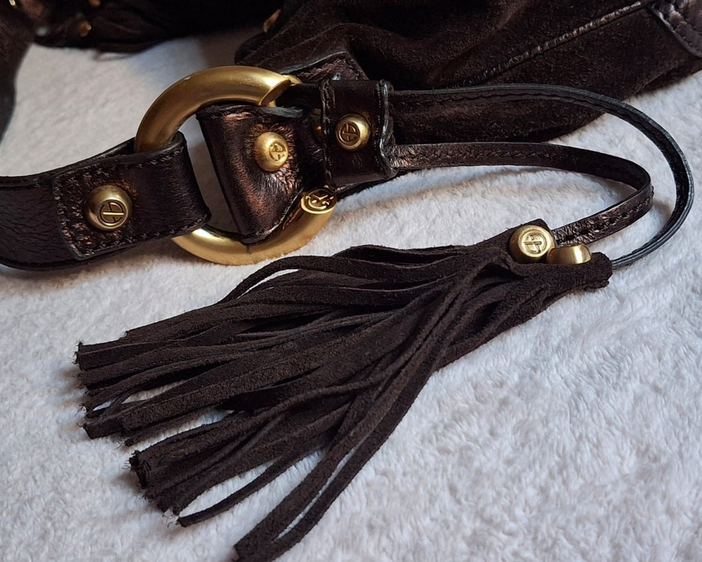 Francesco Biasia Brown Leather and Suede Medium Shoulder Bag with Tassels