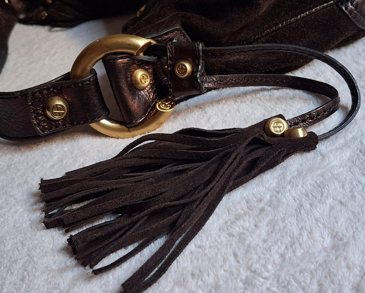 Francesco Biasia Brown Leather and Suede Medium Shoulder Bag with Tassels