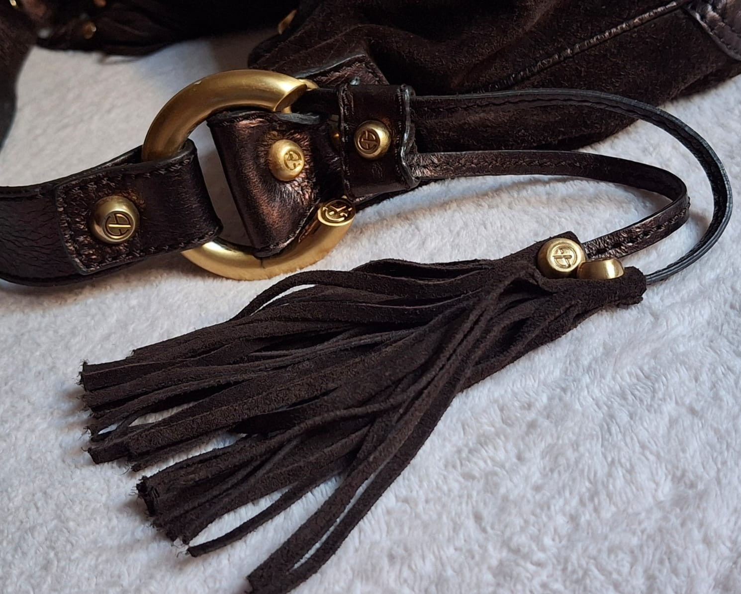 Francesco Biasia Brown Leather and Suede Medium Shoulder Bag with Tassels