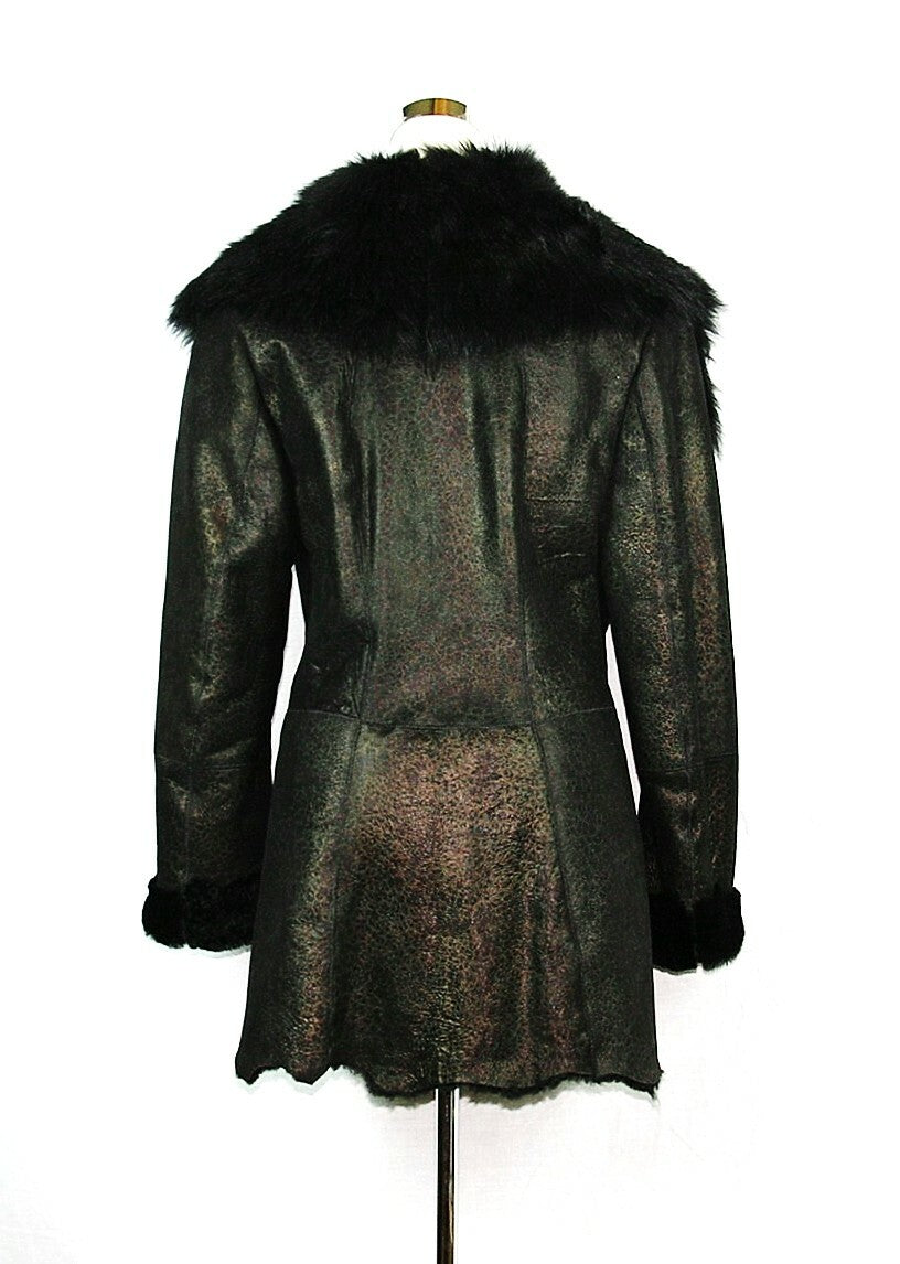 Leather Shearling Coat with Collar Black Gold Large