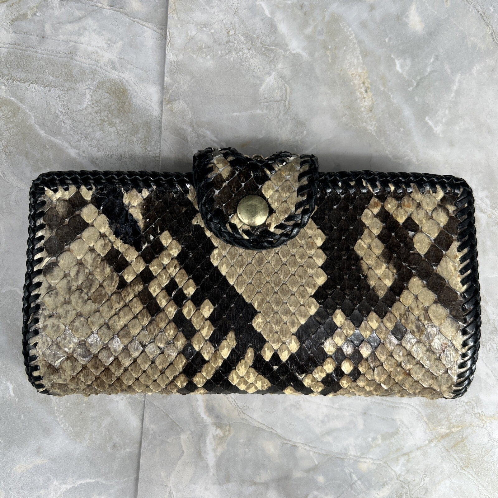 Vintage Handmade Python Skin Clutch Check Wallet With Pen Holder