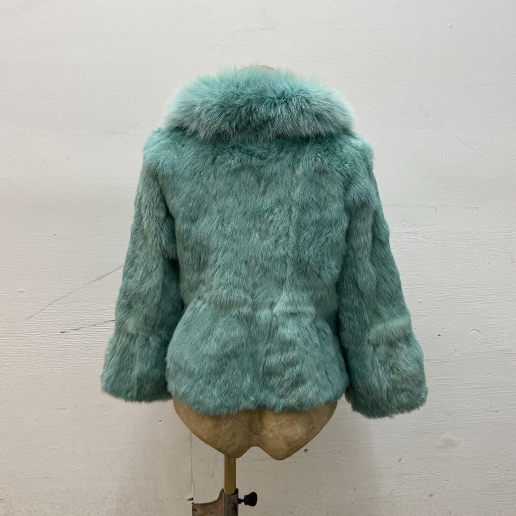 Y2K Turquoise Rabbit and Fox Fur Pom Pom Jacket