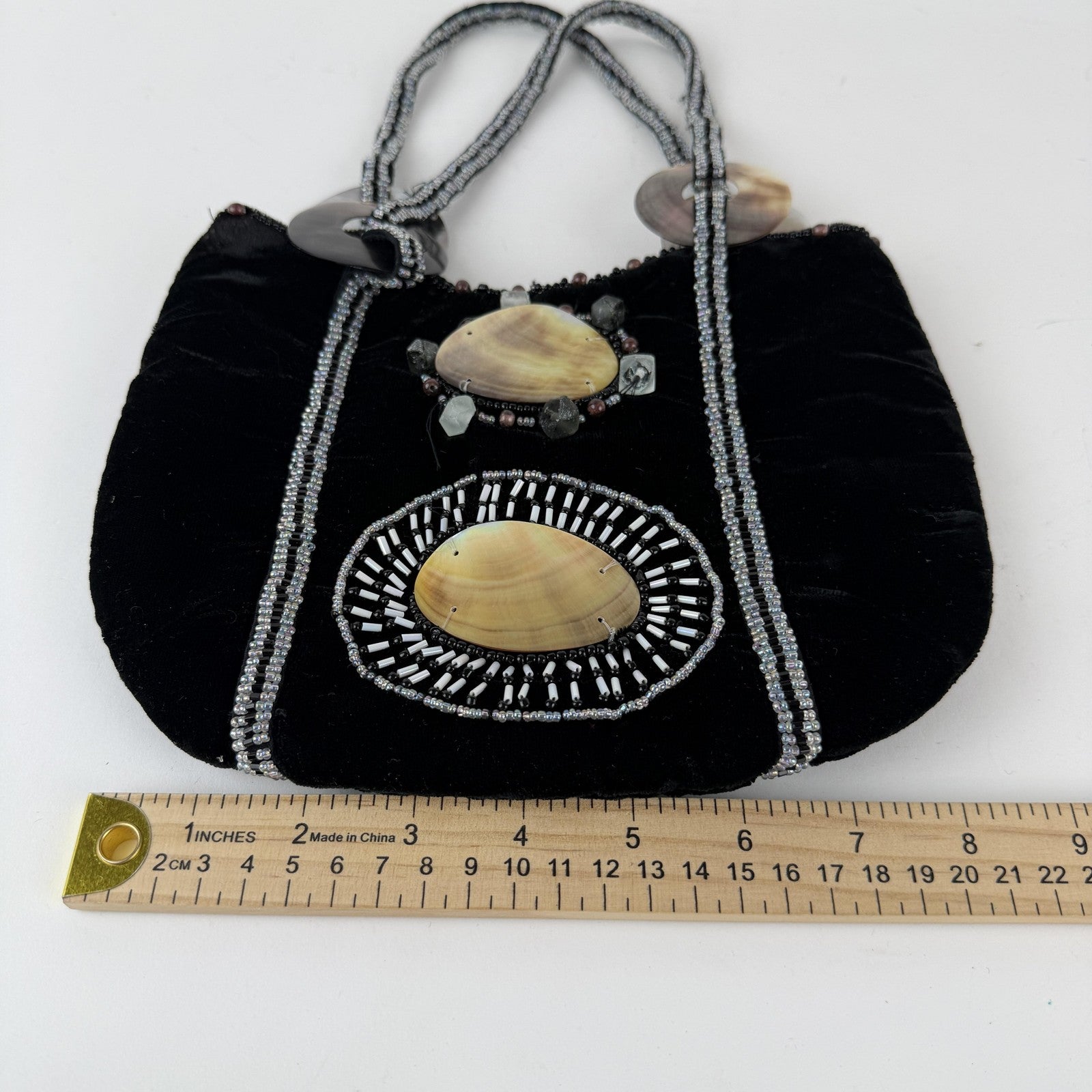 Imayin Shoulder Bag Womens Black Velvet Beaded Mother of Pearl Shell Purse Party
