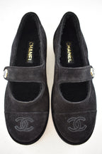 Chanel 25B Black Suede Shearling Fur Mary Jane Moccasin Ballet Loafer Flat 38