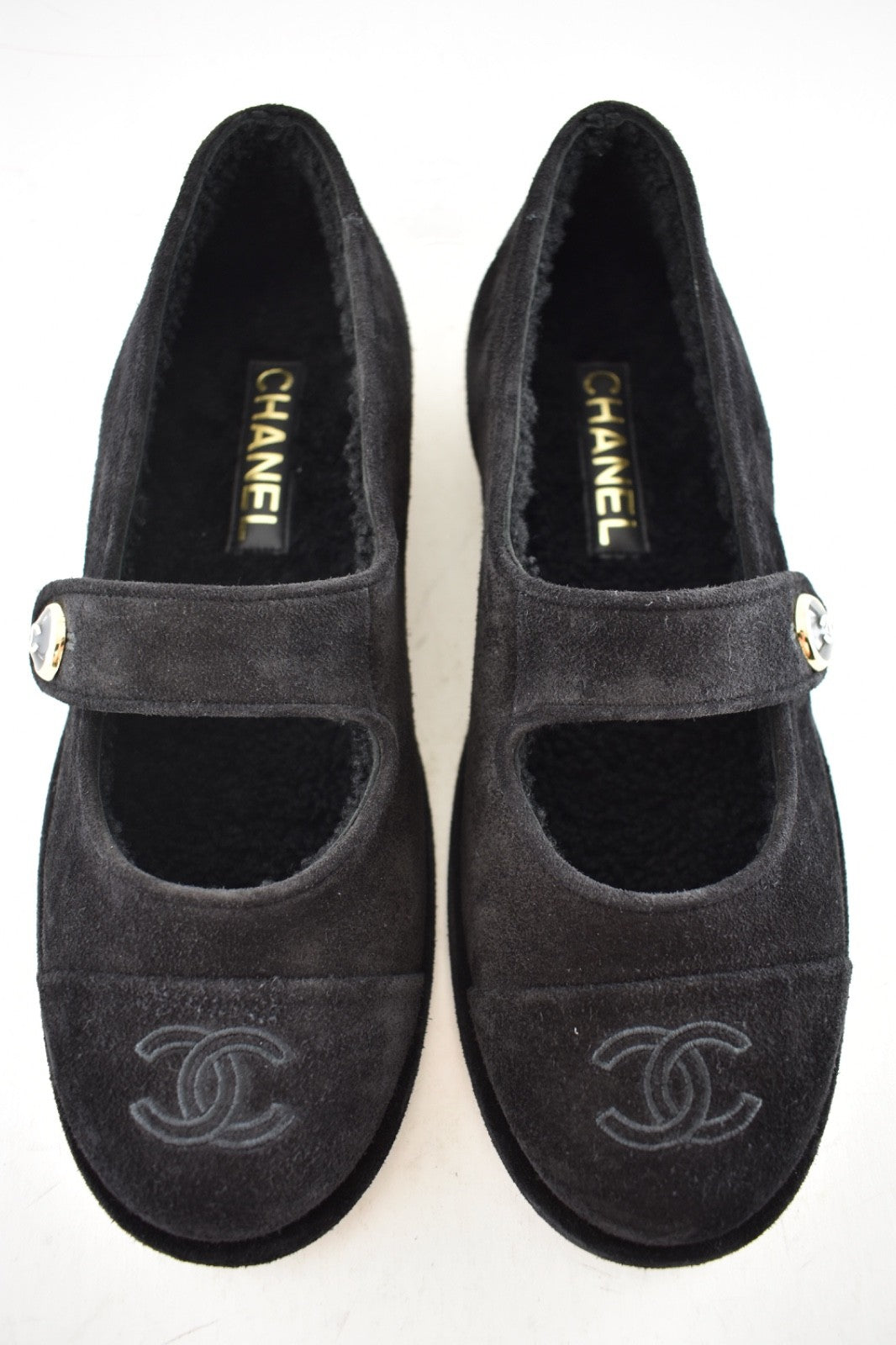 Chanel 25B Black Suede Shearling Fur Mary Jane Moccasin Ballet Loafer Flat 38