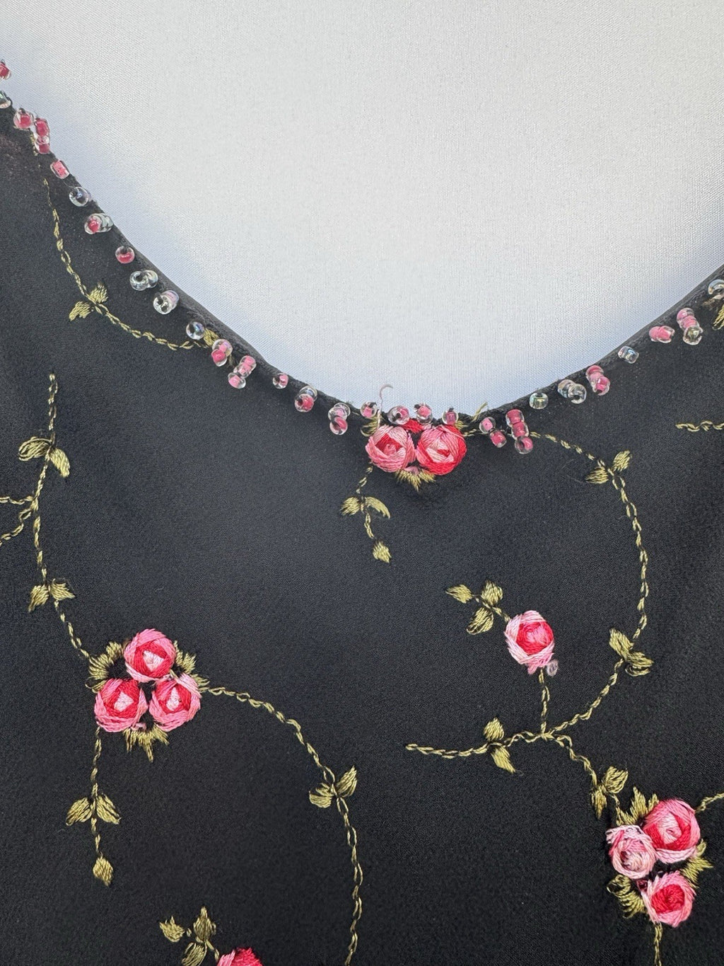 Betsey Johnson Silk Slip Dress Babydoll Black With Pink Roses Beaded Y2K Rare