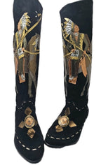 Rare Vtg Zalo Black Suede 8 Boots Metallic Leather Native American Horse Teepee