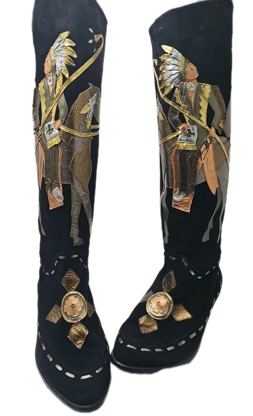 Rare Vtg Zalo Black Suede 8 Boots Metallic Leather Native American Horse Teepee