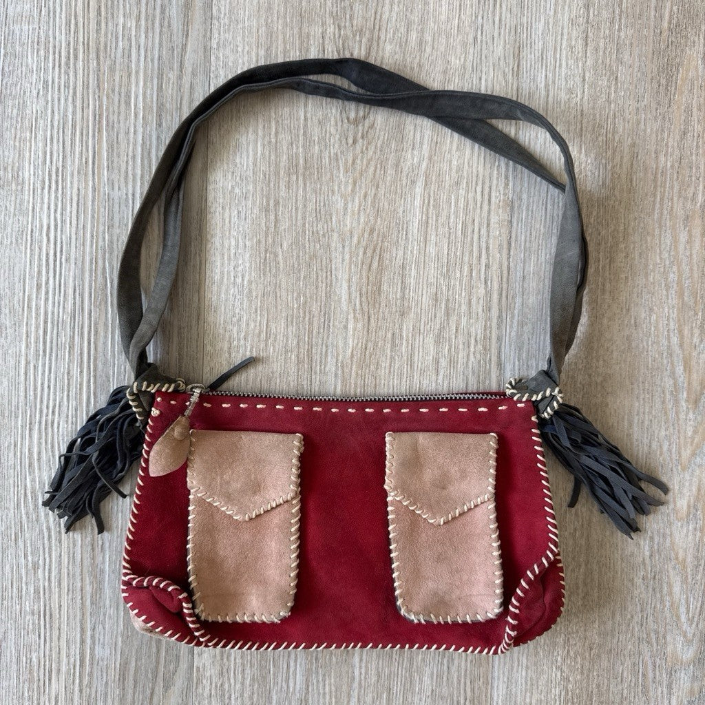 Vintage Suede Fringe Shoulder Bag Red Pink Y2K