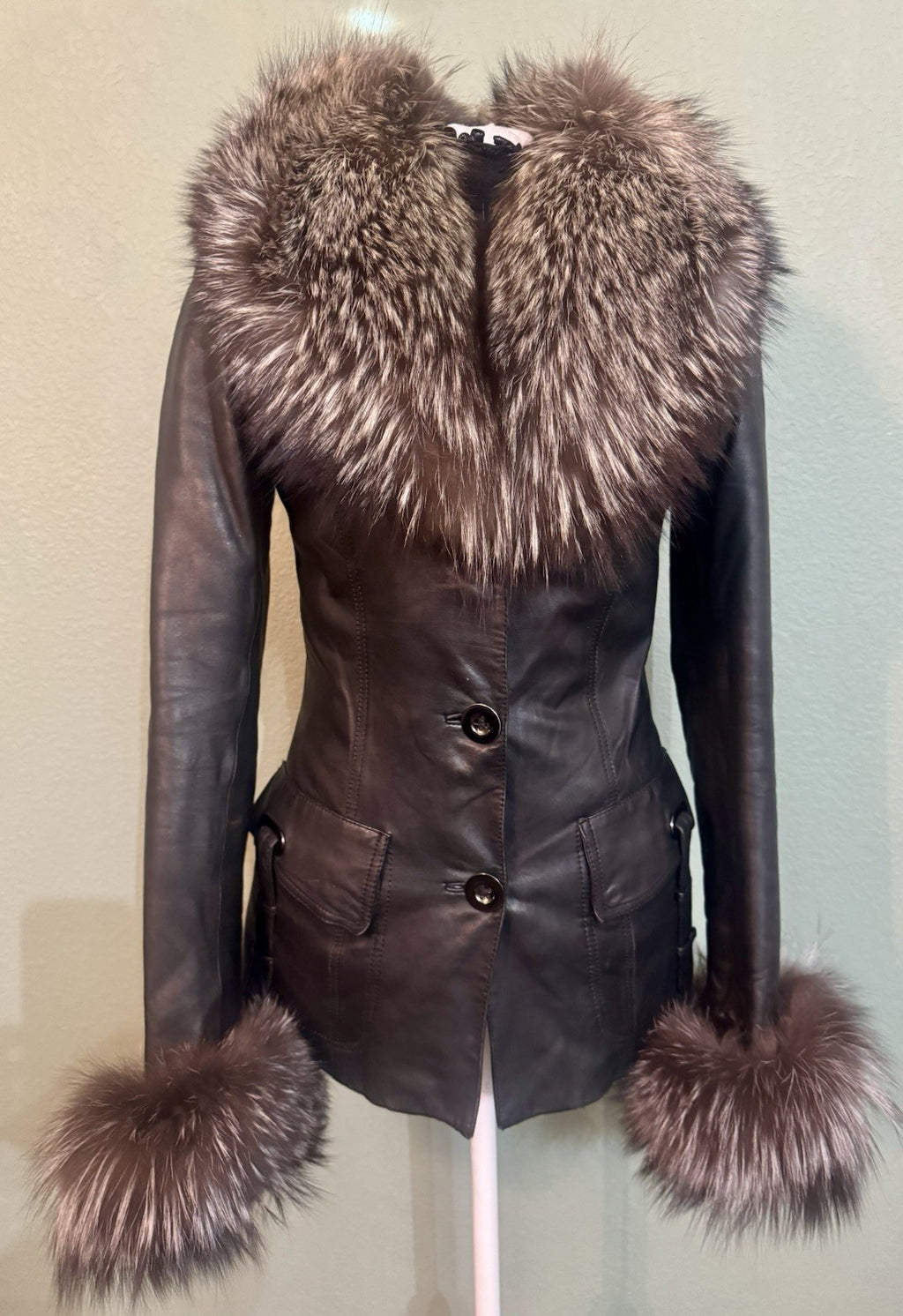 Italian Lamb Skin Leather Jacket with Removable Rabbit Insulation and Silver Fox Trim
