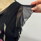 Vintage Y2K Botanical Noir 100% Silk Flutter Sleeve Gown
