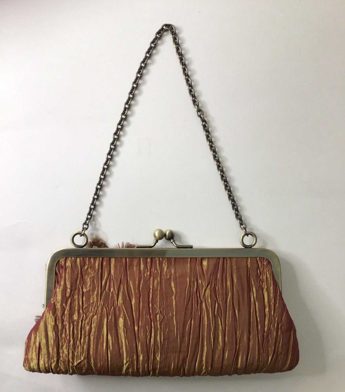 Satin Pleated Evening Clutch with Feather Beading in Bronze