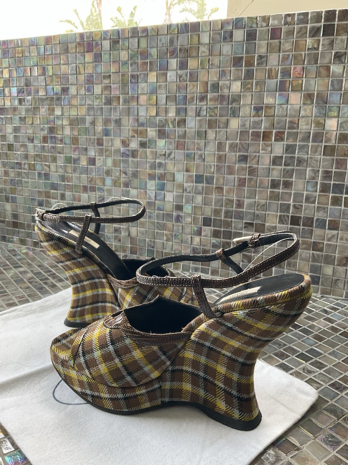 Authentic Prada Plaid  Wedge Platform 100 Vinchy Col Size 37 Brown Leather