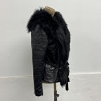 Vintage Y2K Black Leather Quilted Jacket with Faux-Fur Trim