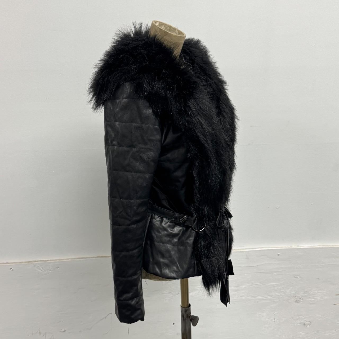 Vintage Y2K Black Leather Quilted Jacket with Faux-Fur Trim