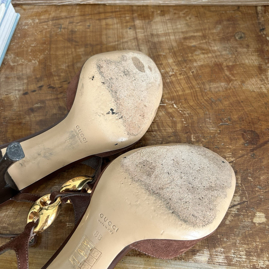 Vintage Gucci Brown Suede Heels with Gold Hardware Tom Ford 1990s Era