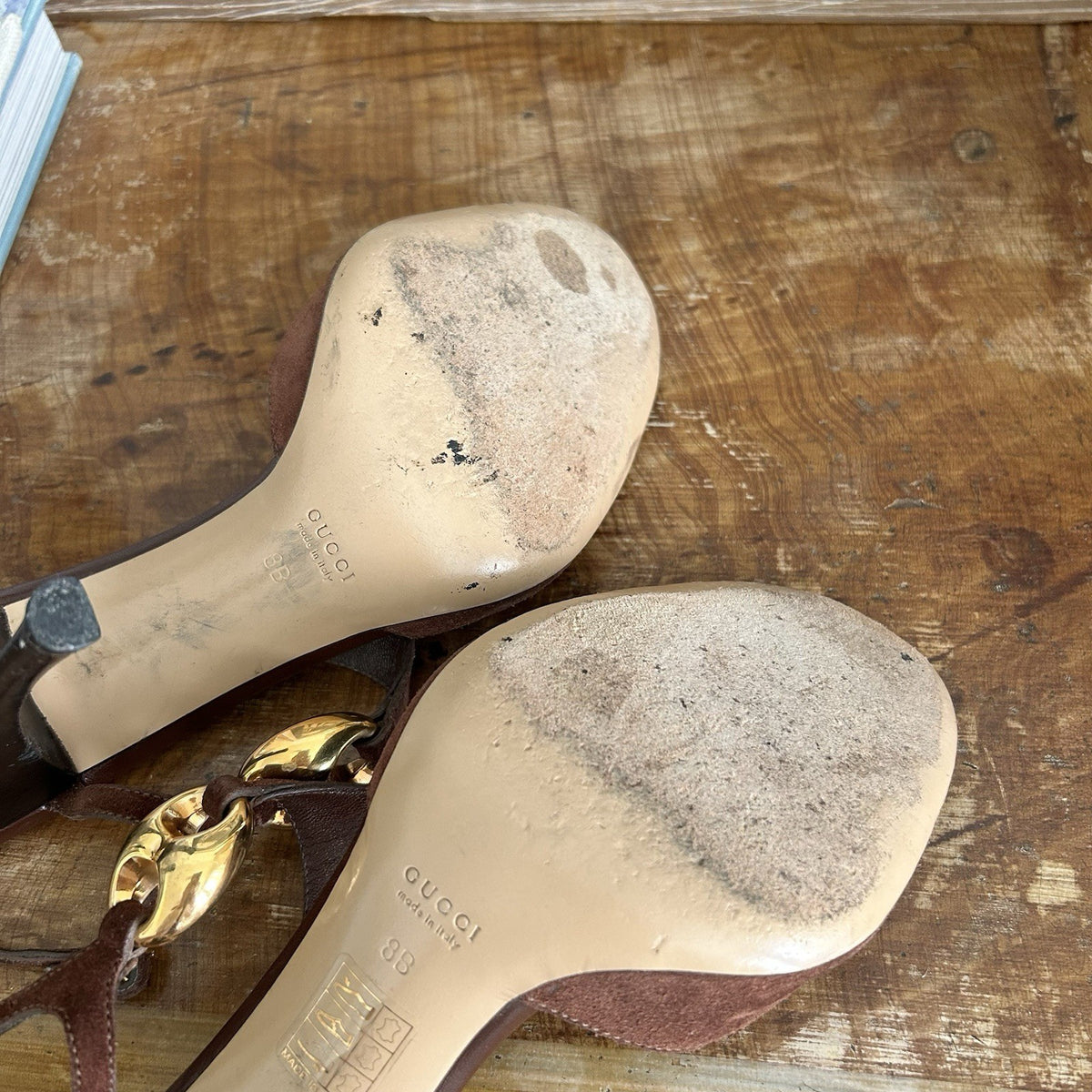 Vintage Gucci Brown Suede Heels with Gold Hardware Tom Ford 1990s Era
