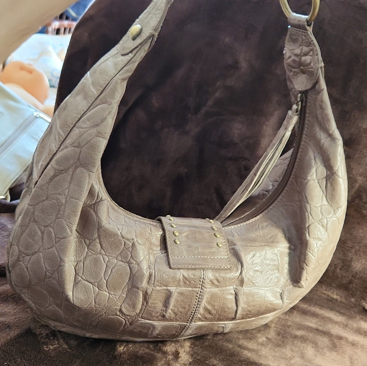 Kate Landry Grey Leather Embossed Hobo Shoulder Bag with Studded Tassel
