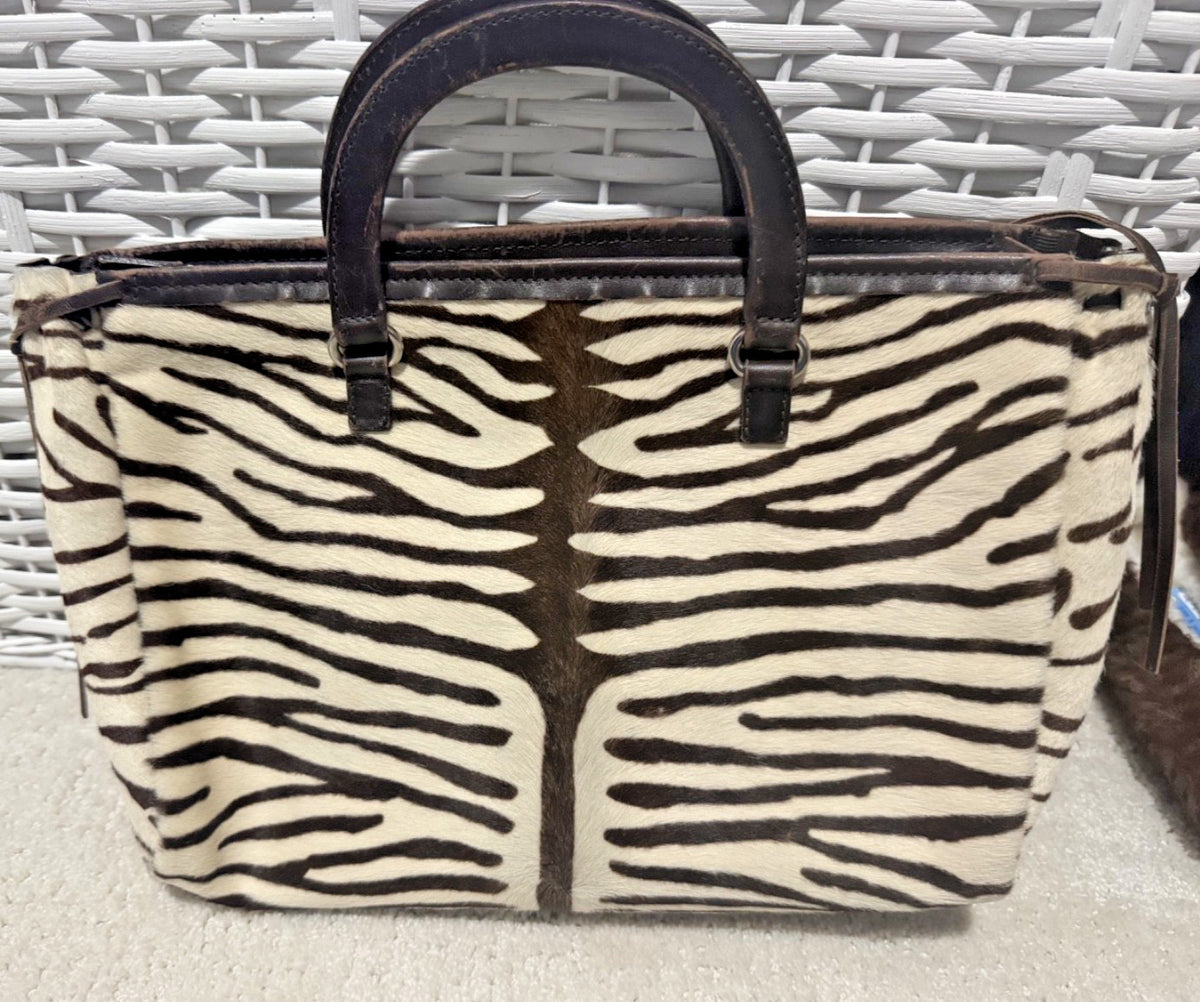 Prada Vintage Zebra Pony Hair Tote Bag Brown Ivory Leather Handbag Italy Rare