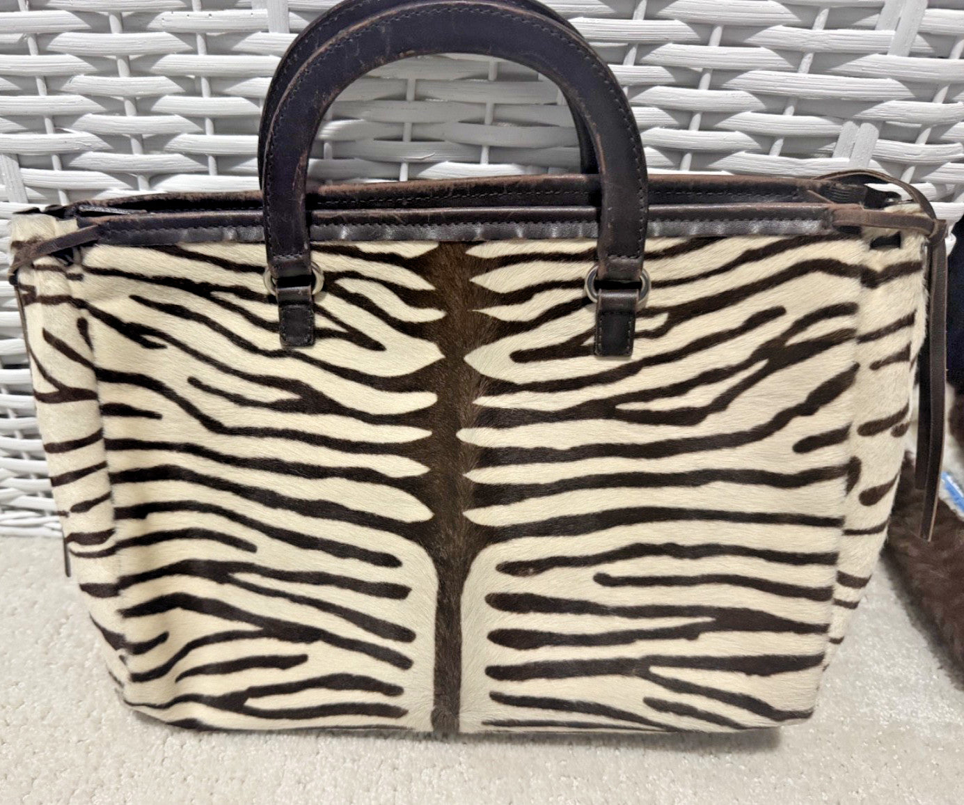 Prada Vintage Zebra Pony Hair Tote Bag Brown Ivory Leather Handbag Italy Rare