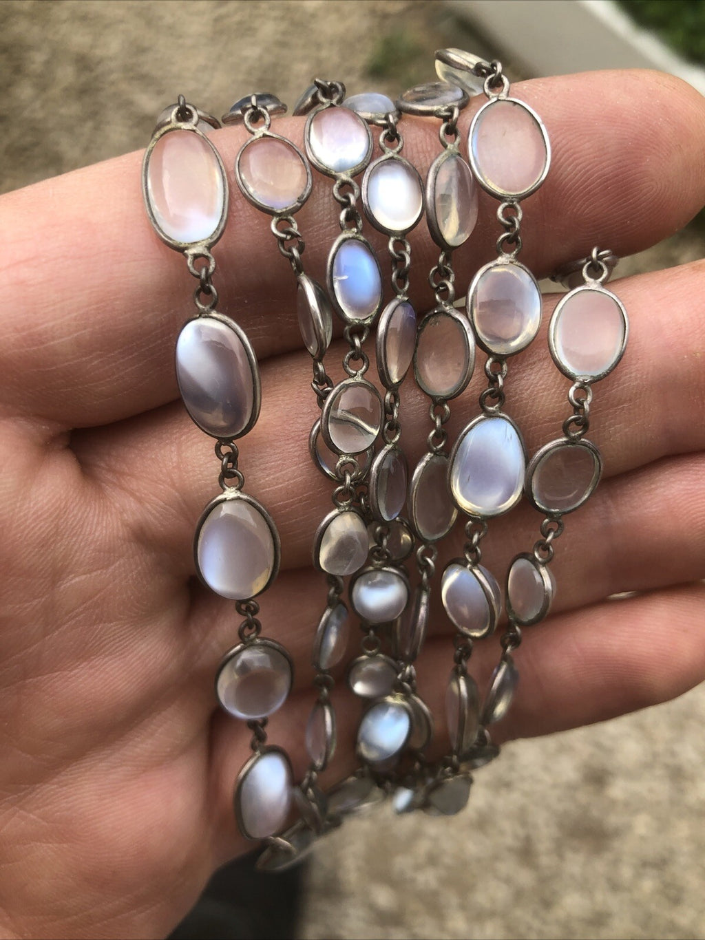 Victorian Silver Natural Moonstone Necklace /Guard  Chain 28g 122cm DLZX