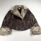 Together Vintage Leather Jacket Small Brown with Fur Trim
