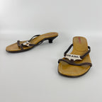 Prada | Auth Brown Leather Silver Logo Buckle Kitten Sandal Heels (34.5)