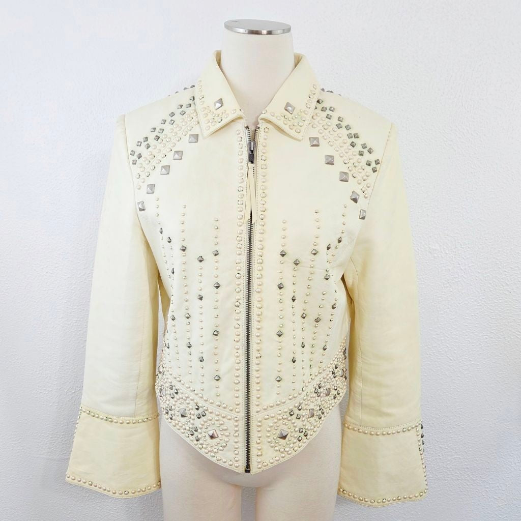 Double D Ranch Studded Ivory Leather Biker Jacket Medium