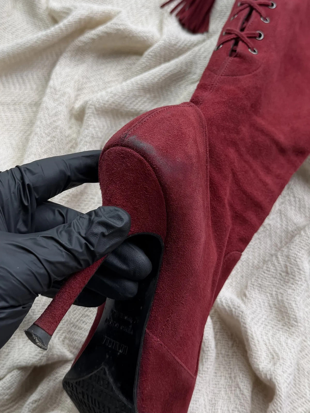 Vintage Burgundy Suede Knee High Boots Pointed Toe Stiletto Heels Lace Up