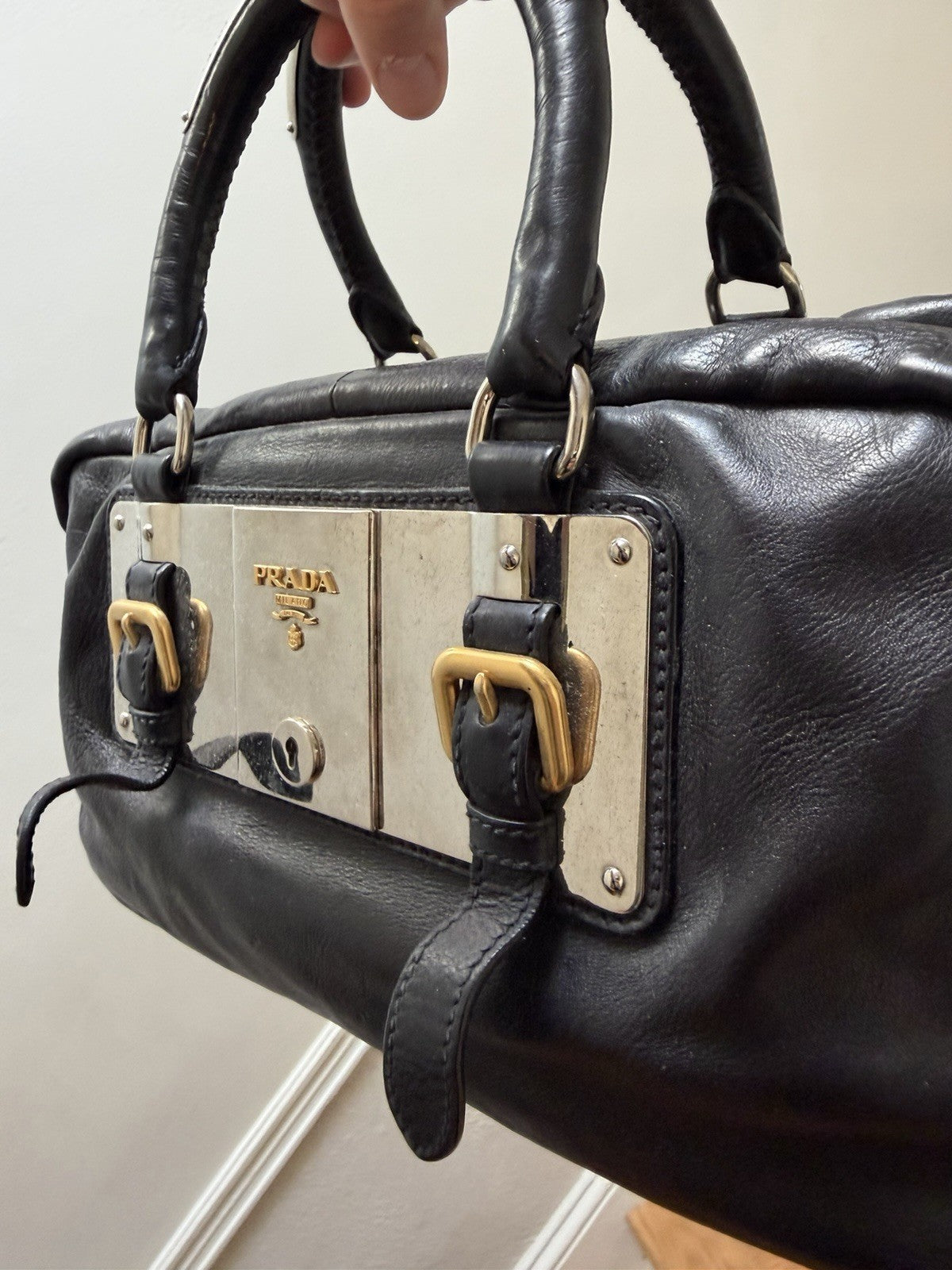 Prada Black Top Handle Bag with Gold Hardware