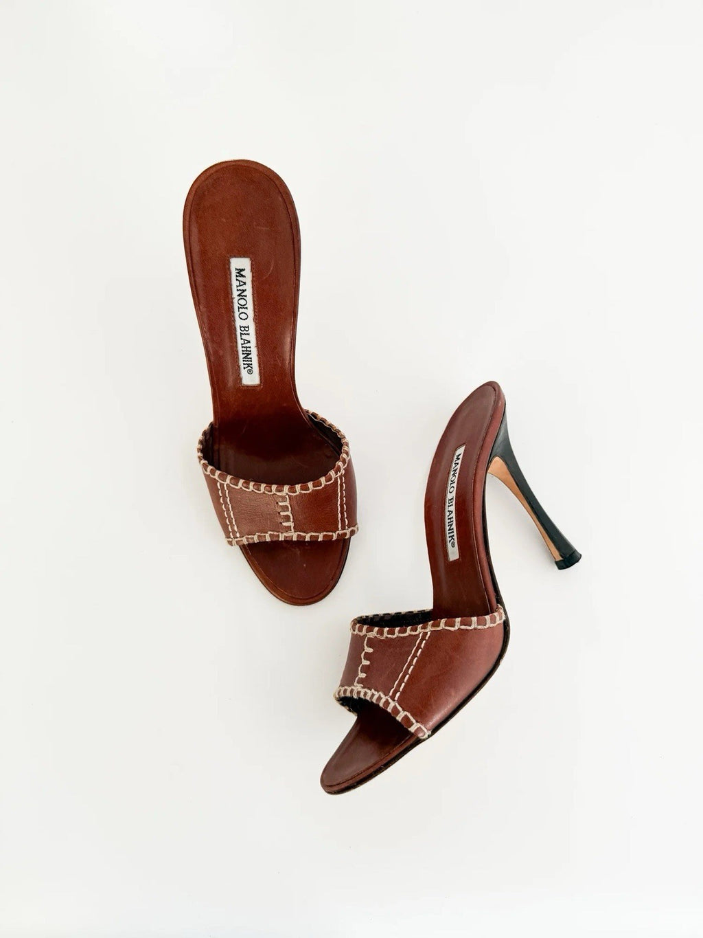 Manolo Blahnik Brown Leather Stitched Sandal Heels