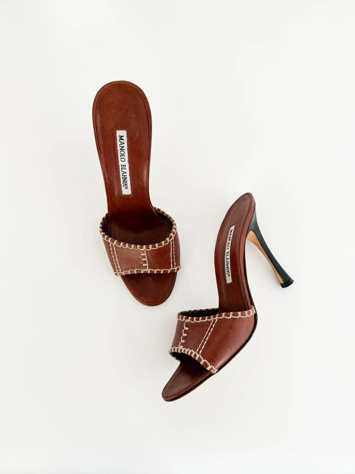 Manolo Blahnik Brown Leather Stitched Sandal Heels