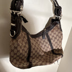 Gucci Brown Beige GG Logo Shoulder Bag Tassel Bamboo Silver Hardware Zip
