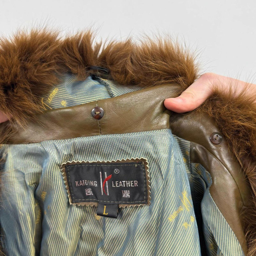 Vintage Y2K Brown Leather and Fox Fur Trench Coat