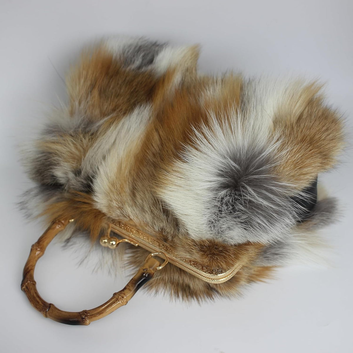 Real Fox Fur Handbag Vintage Kisslock Purse with Bamboo Handle