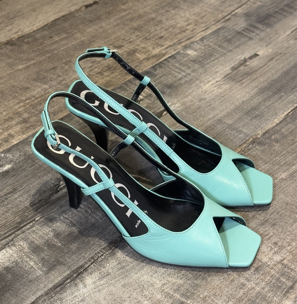 Gucci Turquoise Leather Slingback Heels Square Toe Pumps Women’s Size 34.5 Italy