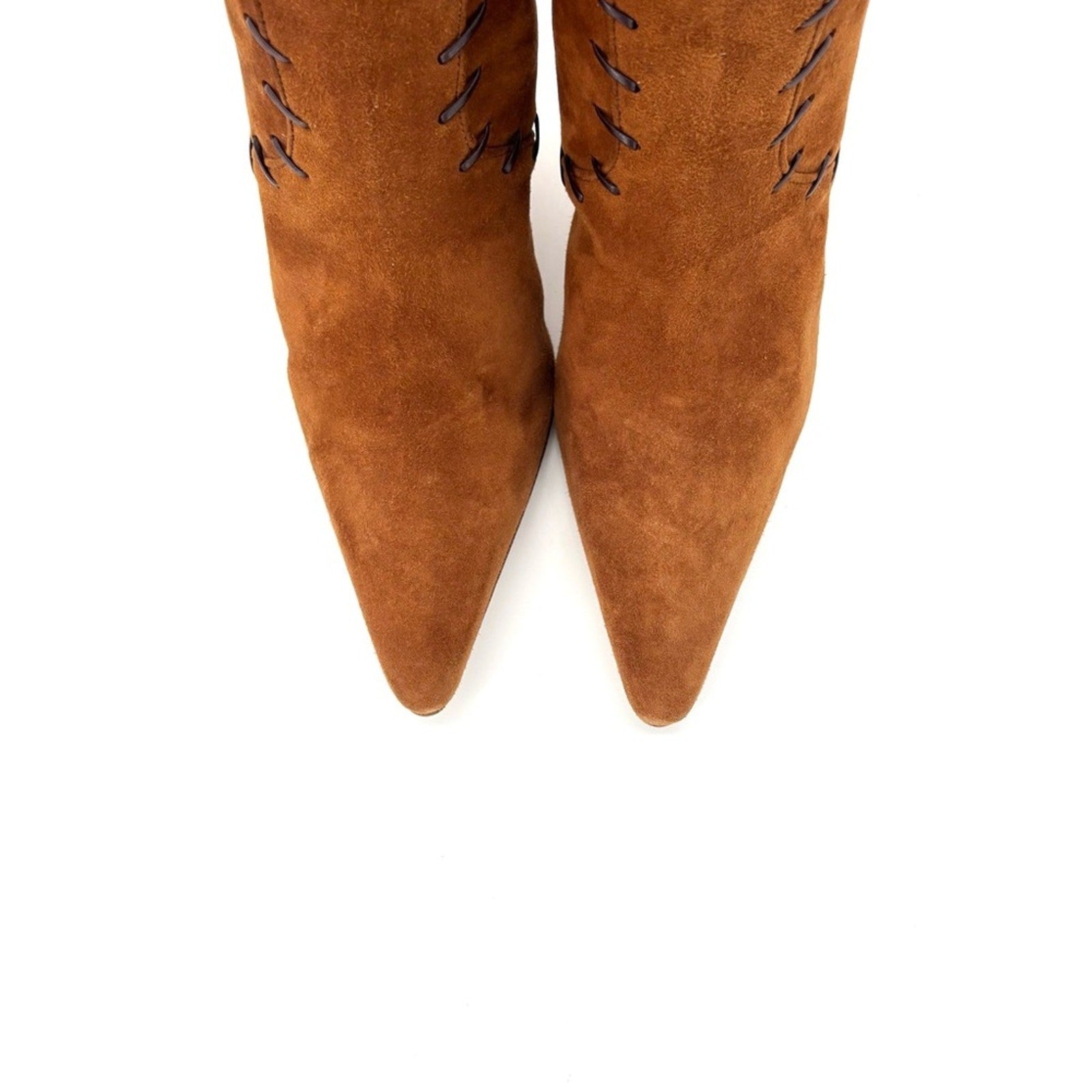 Manolo Blahnik Brown Suede Whipstitch Pointed Toe Mid Calf Heeled Boots 37.5
