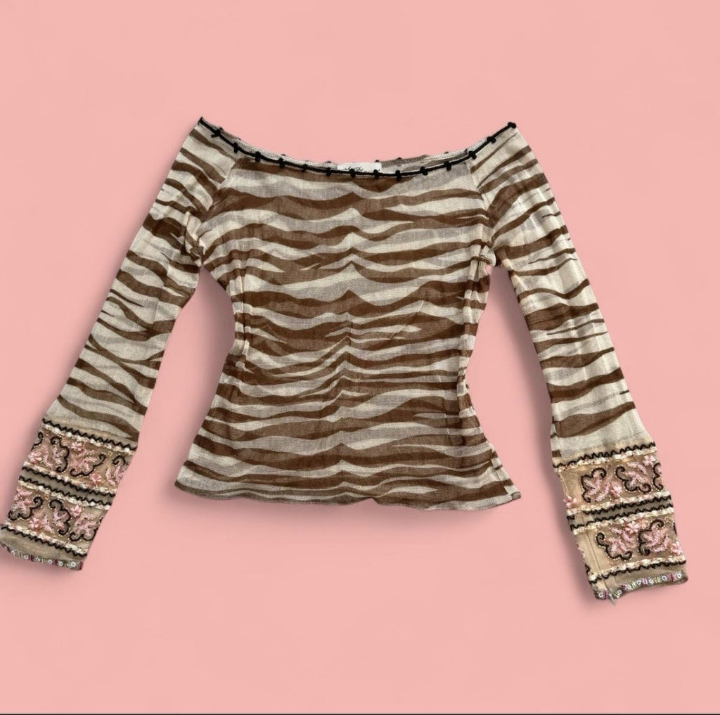 Blumarine SS2000 Zebra Sheer Mesh Coral Jewelled Fairy Top Small