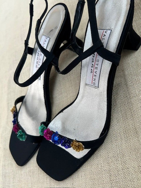 Valerie Stevens España Vintage Black Satin Sequin Floral Strappy Kitten Heels