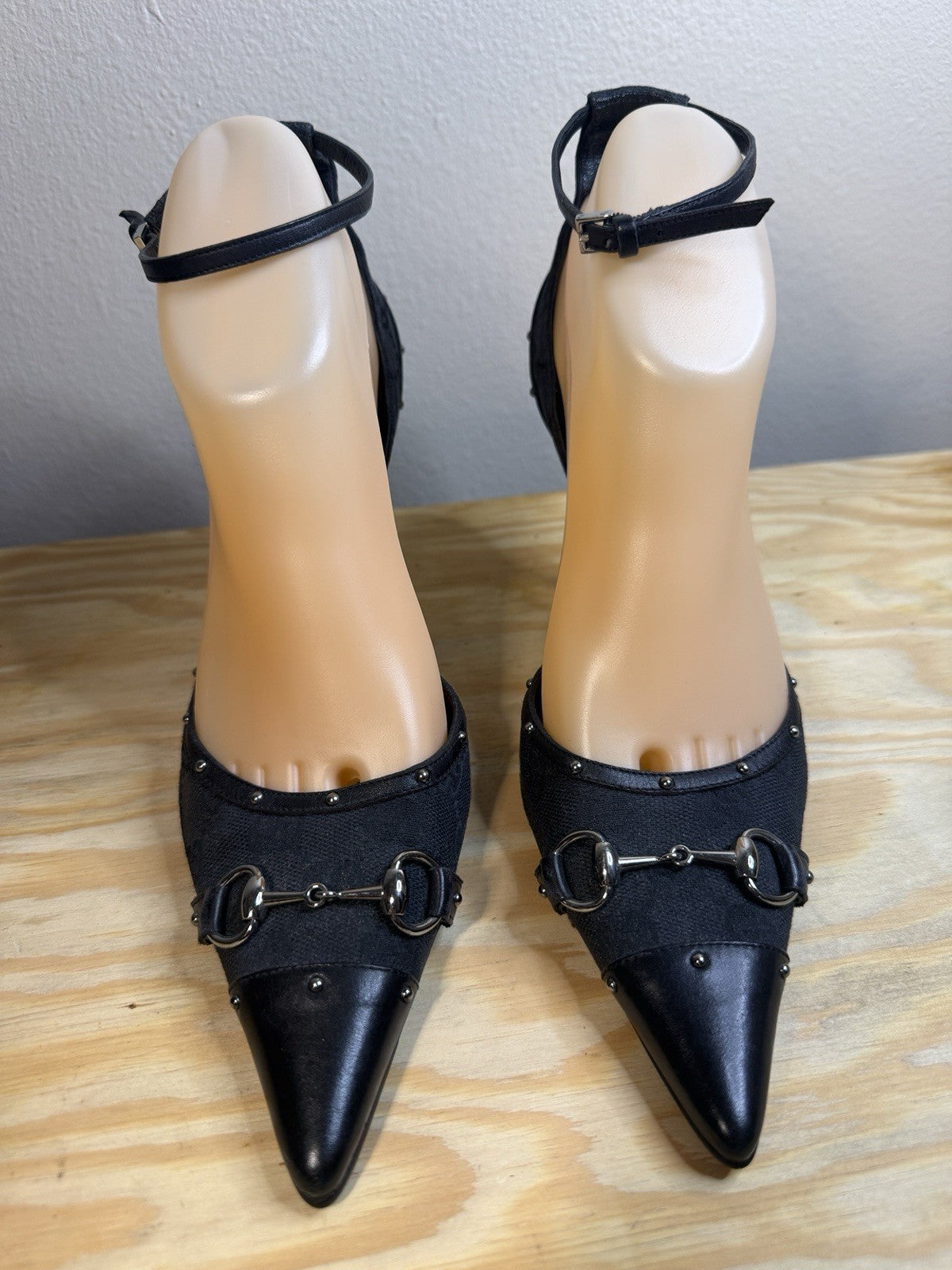 Gucci Vintage GG Canvas Horsebit Ankle Strap Pumps Black US 7B