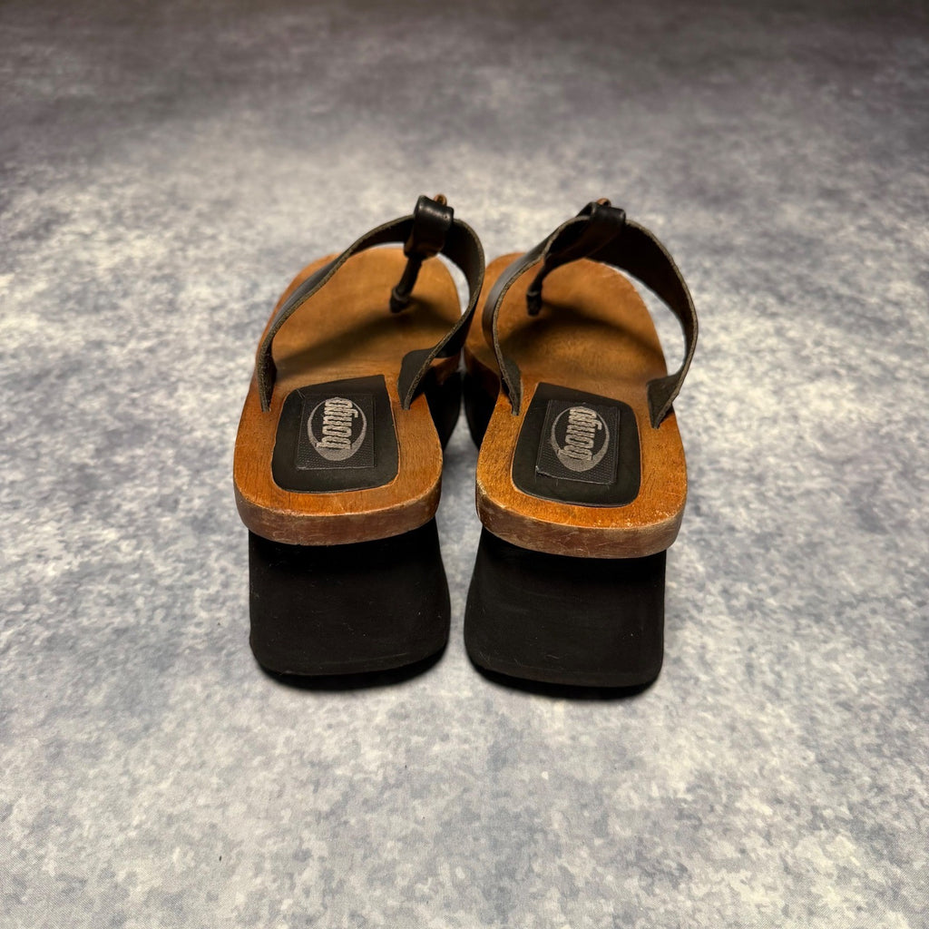 Bongo Wooden Platform Wedge Sandals Black Leather Beaded Brazil Size 8