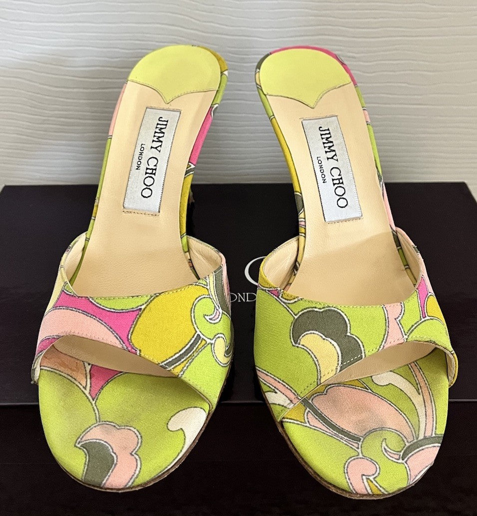 Vintage JIMMY CHOO Green & Pink Open Toe Pucci Print Heels, Made In Italy, 36