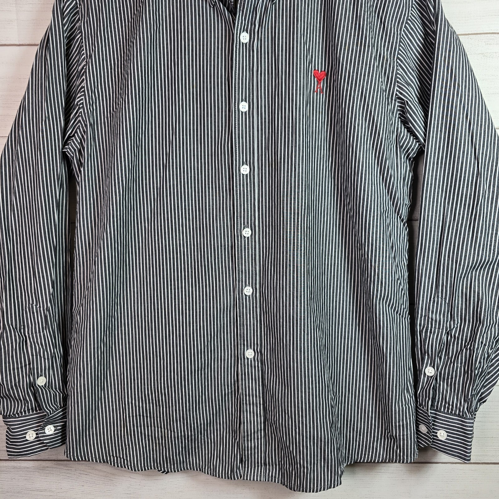 AMI Alexandre Mattiussi Striped Cotton Button Shirt Mens Sz XL Slim Fit Black