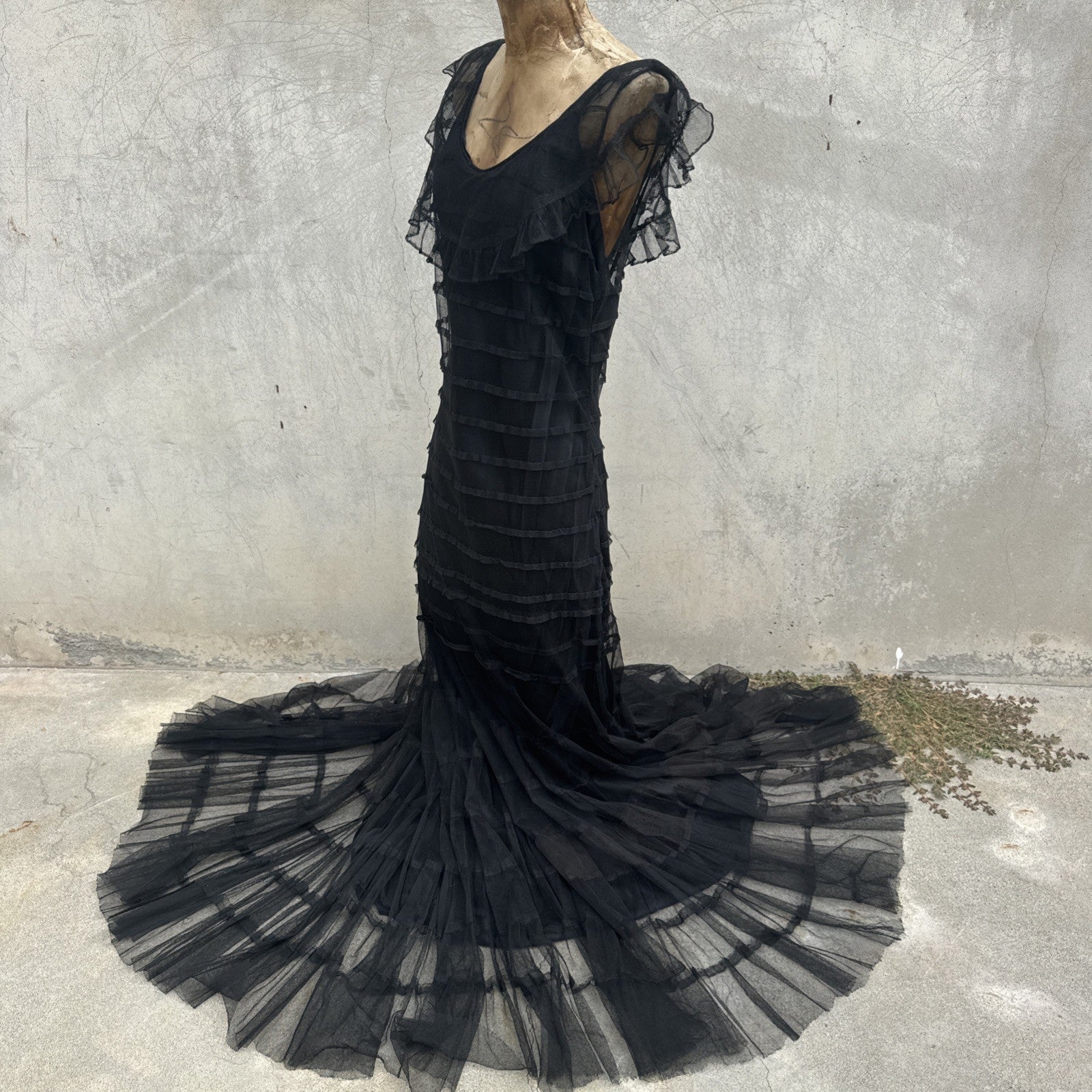 Vintage 1930s Black Mesh Net Gown Ruffles Low Back Bias Cut Art Deco Maxi Dress