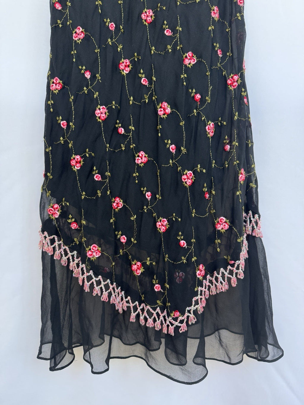 Betsey Johnson Silk Slip Dress Babydoll Black With Pink Roses Beaded Y2K Rare