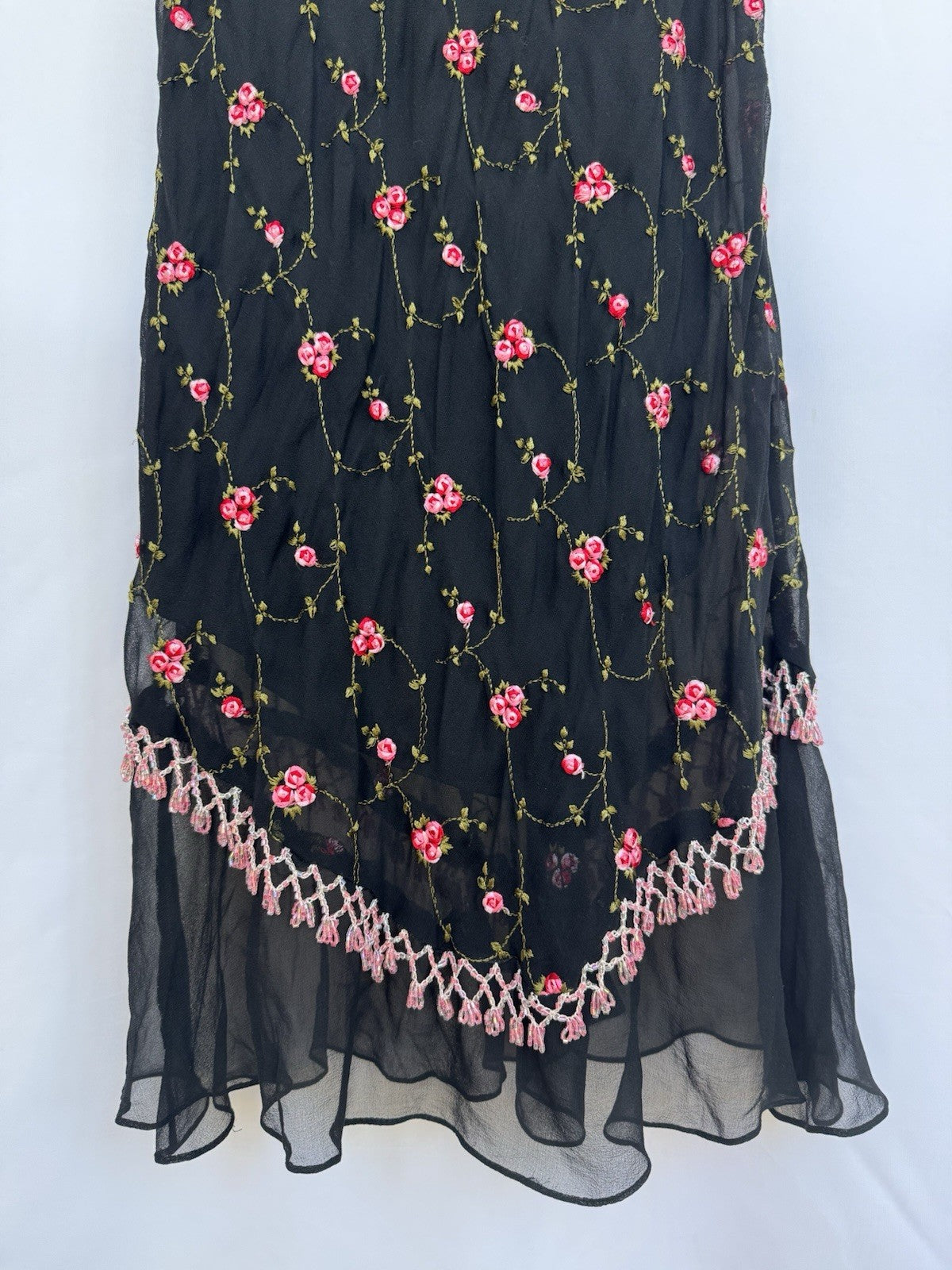 Betsey Johnson Silk Slip Dress Babydoll Black With Pink Roses Beaded Y2K Rare