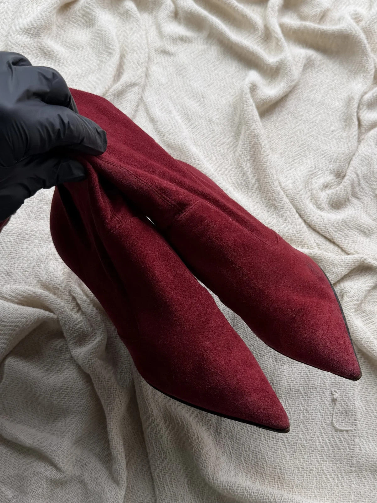 Vintage Burgundy Suede Knee High Boots Pointed Toe Stiletto Heels Lace Up